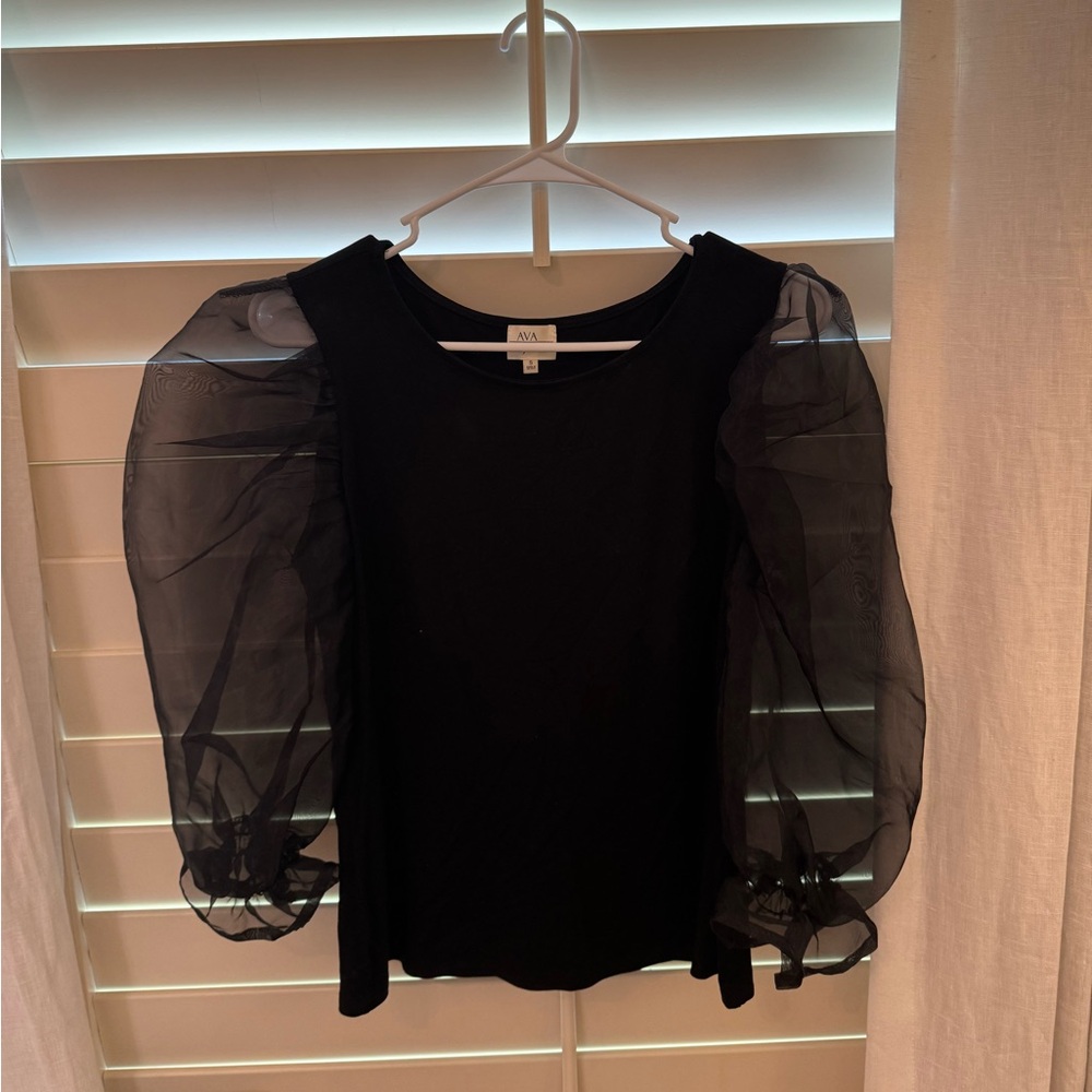 Ava James Size Small Black Top with Tulle Sleeves